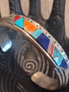 Navajo Sterling Silver Inlay Handmade Cuff Bracelet